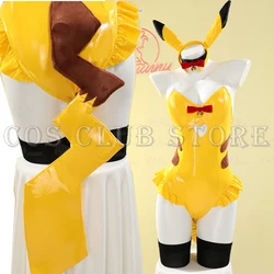Anime Pi Ka Chu Yellow PU Cosplay Costume Women's Dress Bunny Lingerie Cos Bright Leather Tight Yellow Cute Nightclub Halloween