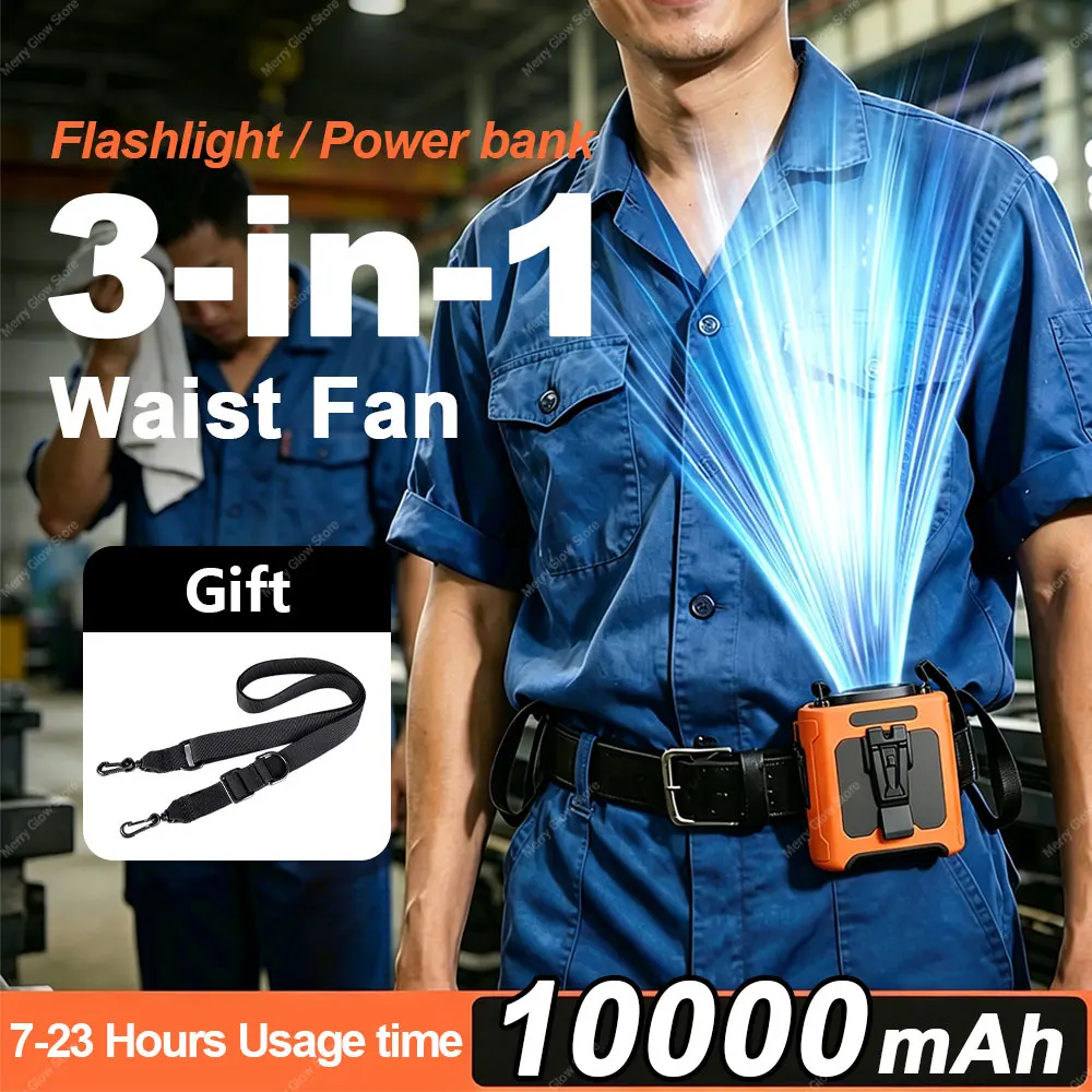 

3in1 10000mAh Waist Fan with Phone Charging Light Hands-Free Ultra-Strong Wind Outdoor Use Long Range Ideal for Jobsite Travel