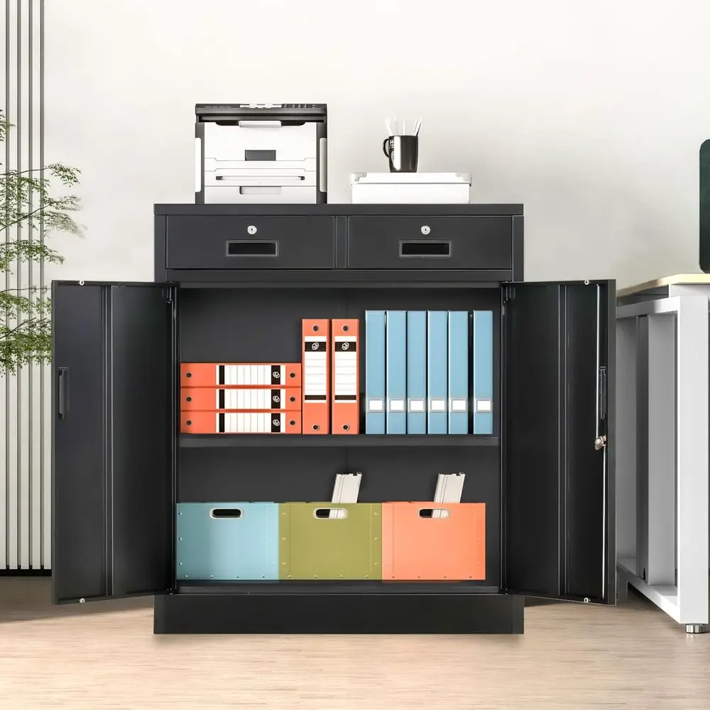 

Storage Cabinet, 36 H Locking Storage Cabinet with 2 Drawers and Adjustable Shelf, Metal Cabinets for Office, Garage, HomeBlack