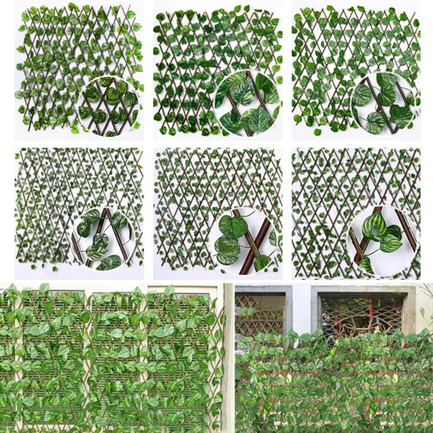 Decorative Green Leaves Simulation Telescopic Fence for Garden Wall, Fake Flowers Blocking Mesh Grille, Artificial Greenery Gard