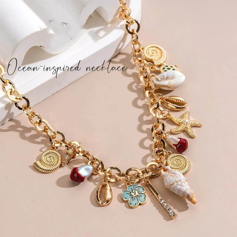 Summer Beach Gold-Plated Ocean Pearl Neck Chain Necklace Bohemia Style Russia Wid Light Luxury Versatile Shell Pendant Jewelry