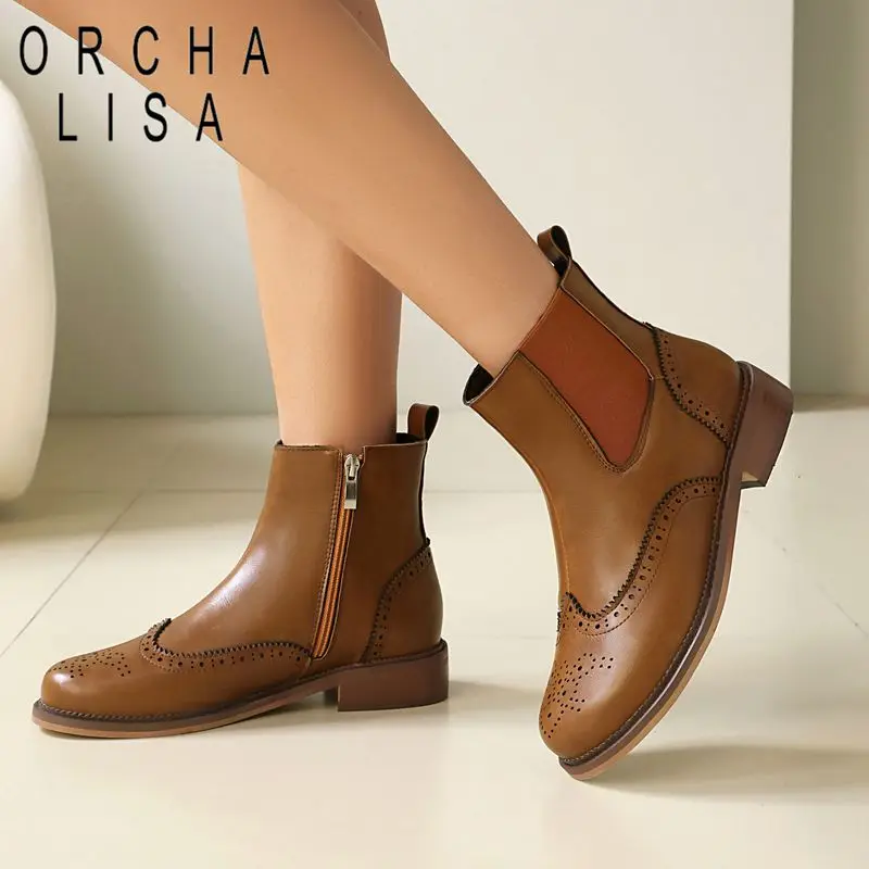 ORCHA LISA Hot Women Ankle Boots Round Toe 3.5cm Chunky Heels Side Zipper Oversize 41 42 43 44 45 46 47 48 Chelsea Booties Fall
