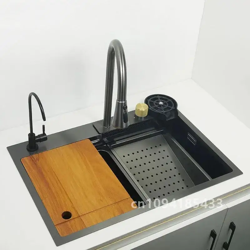 gun grey kichen sink Waterfall faucet Nano sink 304 Stainless Steel DarkGray Topmount Single Bowl Wash Basin with chopping board