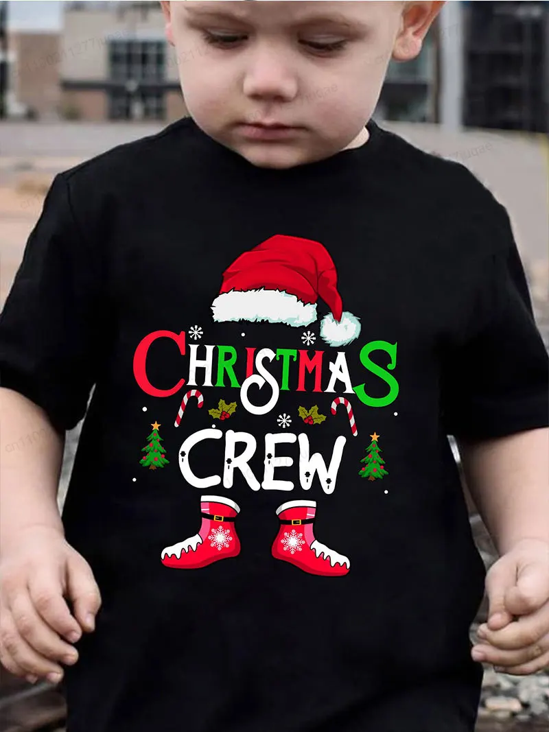 Toddler Christmas T-Shirt Christmas Crew Santa Hat Print Kids Short Sleeve Tees Cute Cartoon Boys Girls Xmas Holiday Tops Gifts