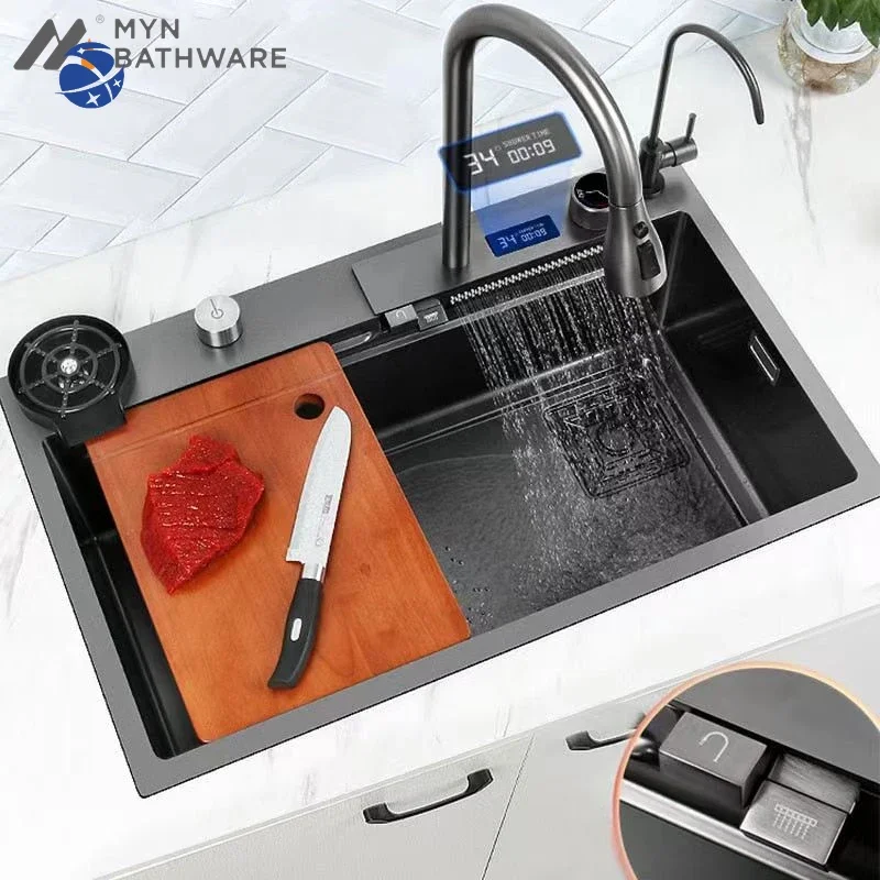 

Waterfall Sink Kitchen Stainless Steel Topmount Sink Large Single Slot Wash Basin With Multifunction Touch Waterfall Faucet