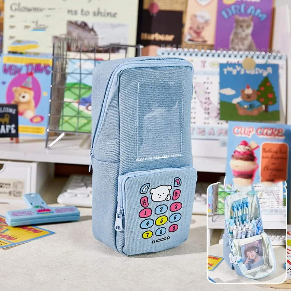 Simple Kawaii Denim Pencil Bag Large Capacity Photo Display Pencil Case Zipper Multi Layer Stationery Storage Bag Students Gift