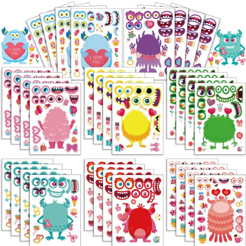 Creative Make-A-Face Sticker Sheets DIY Make Your Own Monster Love Heart Cute Stickers Puzzle Toys Keep Kids Busy Party Gifts