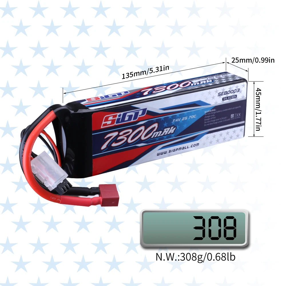 SIGP 2S Lipo Battery for 7100mAh 7300mAh 70C 7.4V Hard Case with Deans T Plug RC Car Truck Boat Vehicles Tank Buggy Racing Hobby