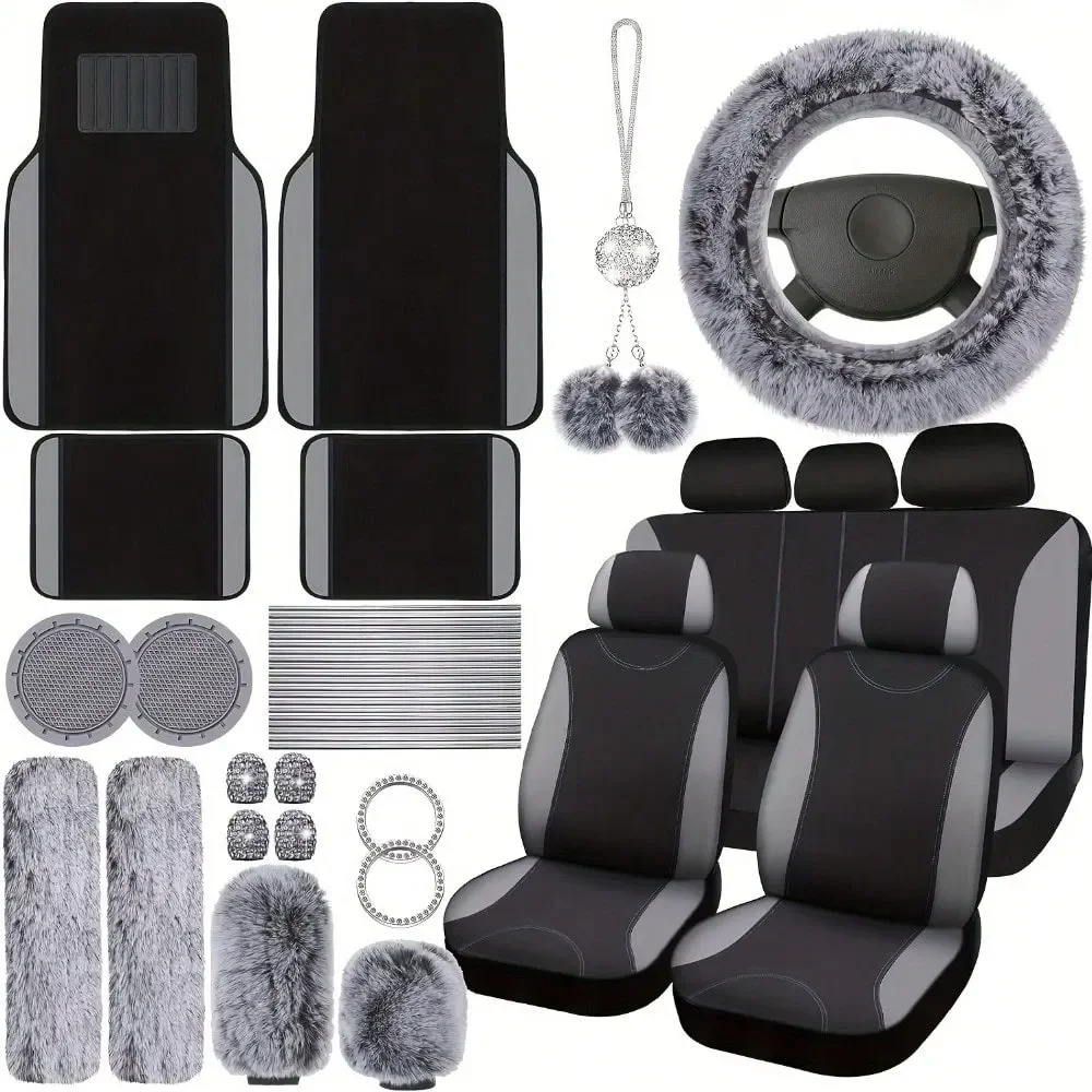 

Pcs Pink Car Seat Cover Set Full Car Seat Covers Front Rear Seat Covers Plush Steering Wheel Cover Seat Belt Car Mat Car Air Con