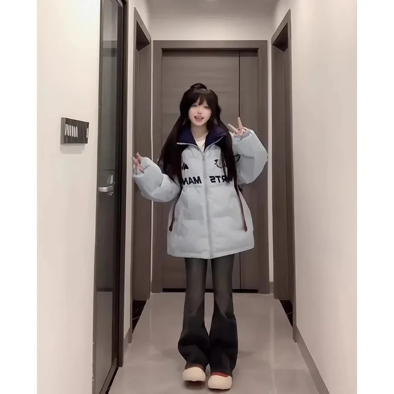 Women's 2025 Autumn And Winter Thickened Flannel Coat Loose And Lazy Style Blue Student Thickened Bread Cotton Jacket Coat blue