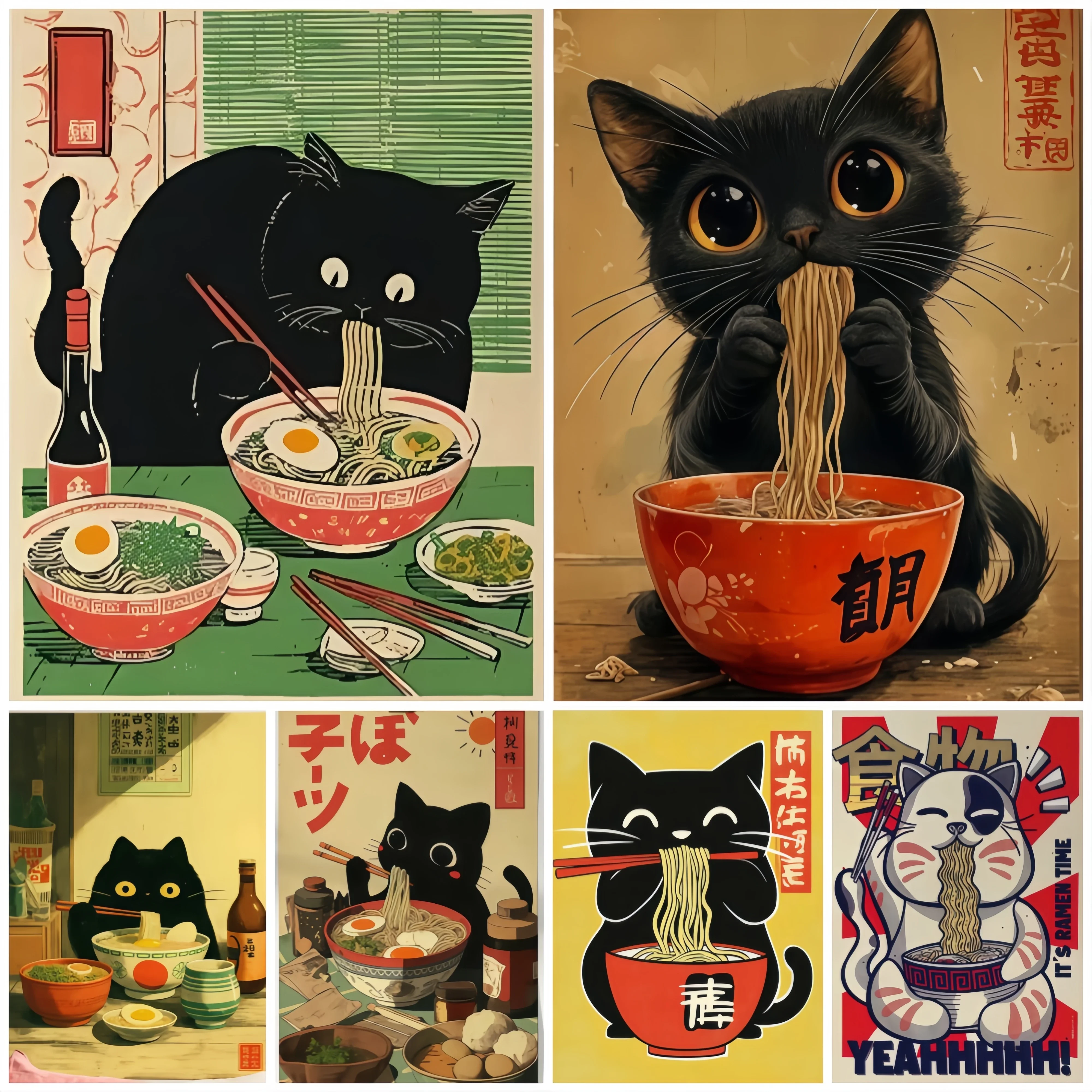 Japanische Katze, die Lamian-Nudeln isst, abstrakte Kunst, Poster, Leinwanddruck, moderne Küche, Esszimmer, Wanddekoration für Wohnzimmer, Zuhause