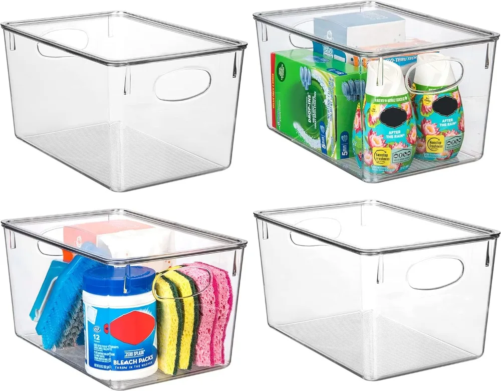 

Plastic Storage Bins With lids Perfect Kitchen Organization or Pantry Storage Fridge Organizer Cabinet Organizers 4 Pack