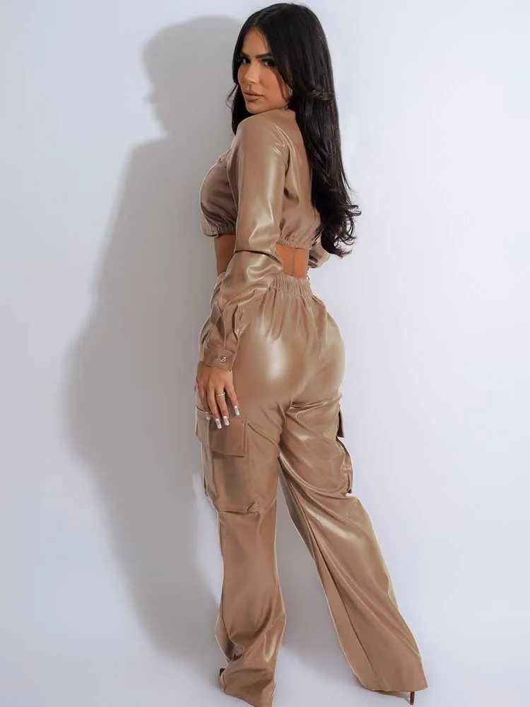 Winter 2 Piece Sets Women Outfit Luxury Elegant Long Sleeve Zipper Short Jacket and Long Leather Pant Sexy Club Outfit for Women