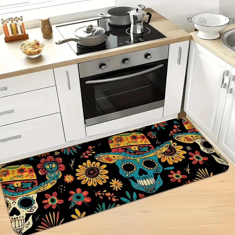 VIKAMA Soul Festival Sugar Skull Kitchen Floor Mat Anti-slip Anti-fatigue Foot Pad Entrance Corridor Carpet Home Decoration