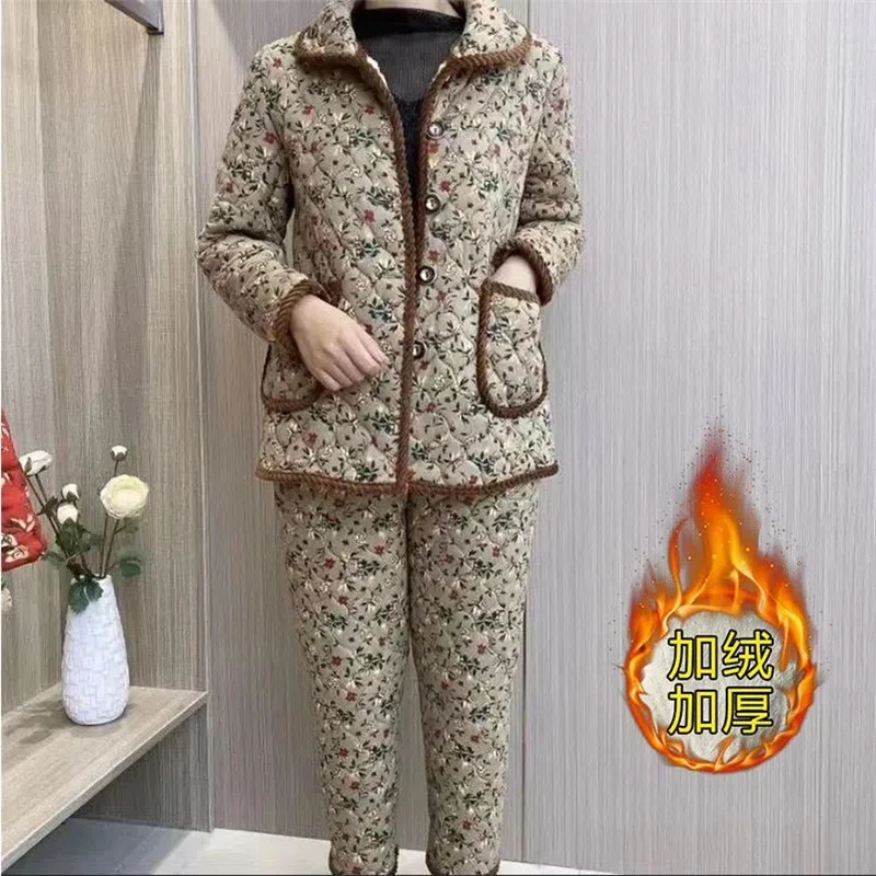 Mother\'s Winter Plush Cotton Padded Jacket Cotton Trousers Suit For Middle-Aged And Elderly Women Loose Add Cotton Padded Jacket