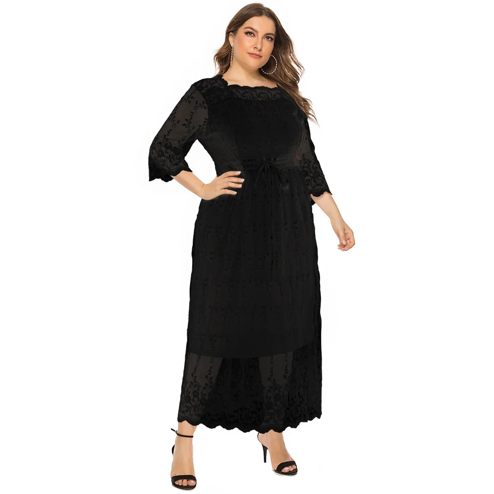 

Plus Size Women's Dresses 2023 Summer New Lace Medium-sleeved Long Elegant Dresses Lar Size Female Casual Vacation Beach Dress