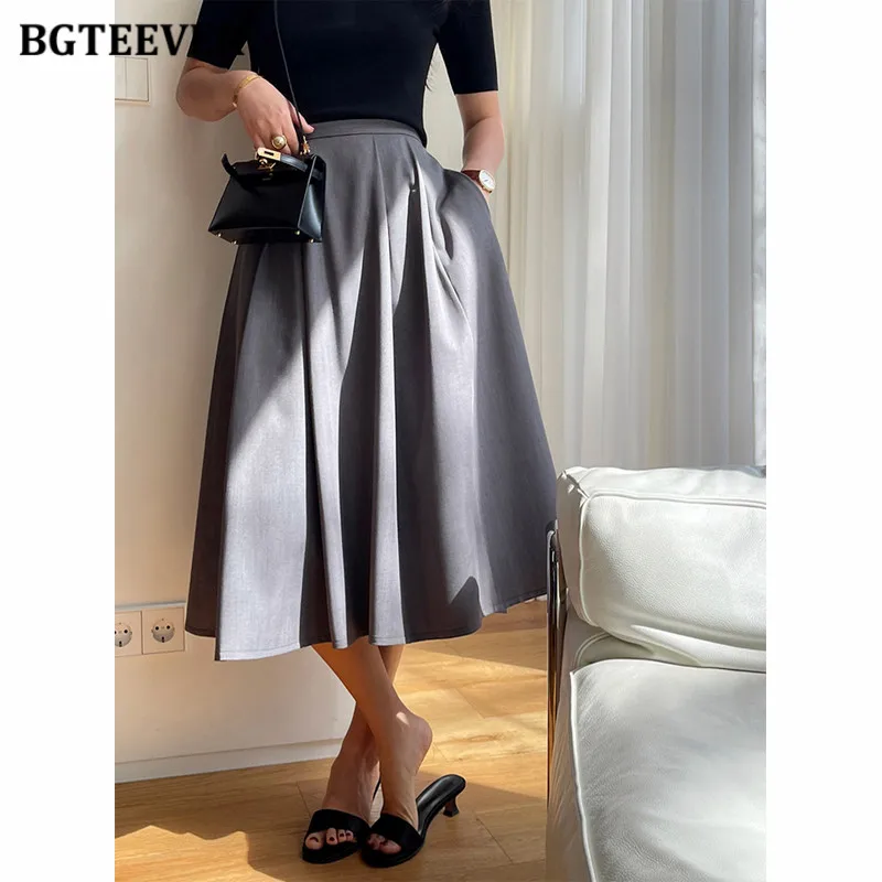 

BGTEEVER Elegant Pleated Skirts for Women High Waist Loose Pockets Female A-line Skirts