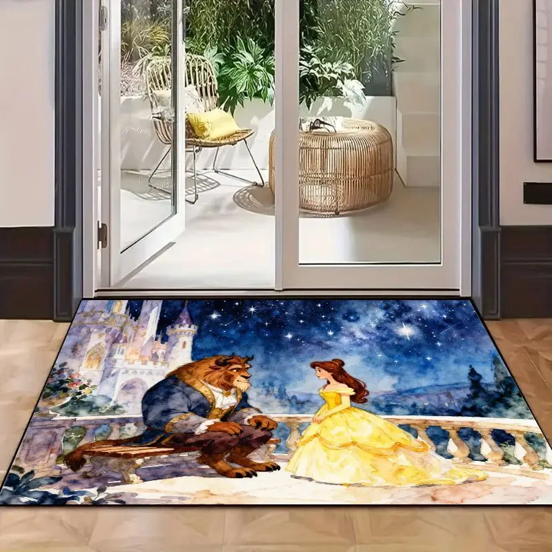 1PC Disney Beauty and the Beast Belle & Beast Romantic Castle Starry Night Watercolor Art Non-Slip Floor Mat, Washable Princess