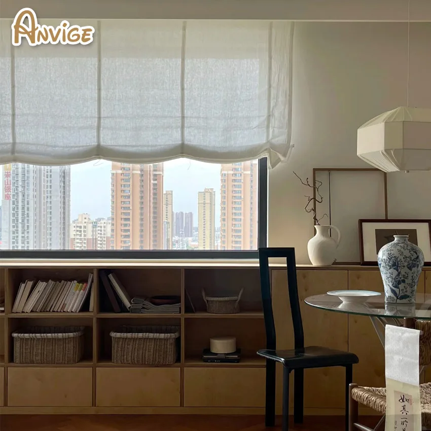 

Modern Motorized Cotton Linen White Color Relaxed Roman Shades Customized Roman Blinds With Installation Included