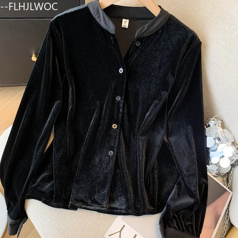 Ano novo natal bonito preto veludo topos blusa mulher outono inverno básico elegante senhora retro vintage botão superior camisas bonito