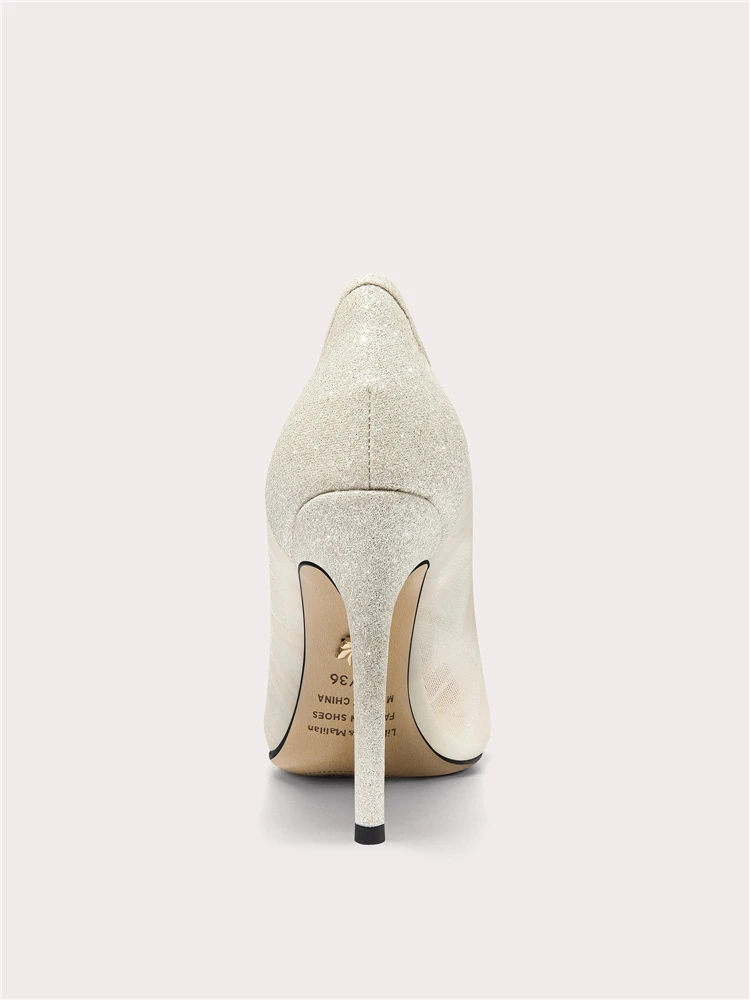 Spring and summer pointed toe shallow lace mesh sequin wedding shoes banquet large size small size thin high-heeled women's shoe
