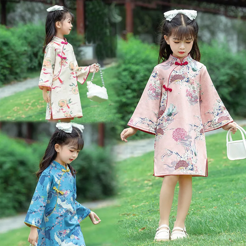 Autumn Winter Long-sleeved Cheongsam Girls  Chinese Style Princess Dress Tang Suit Hanfu Performance Costume