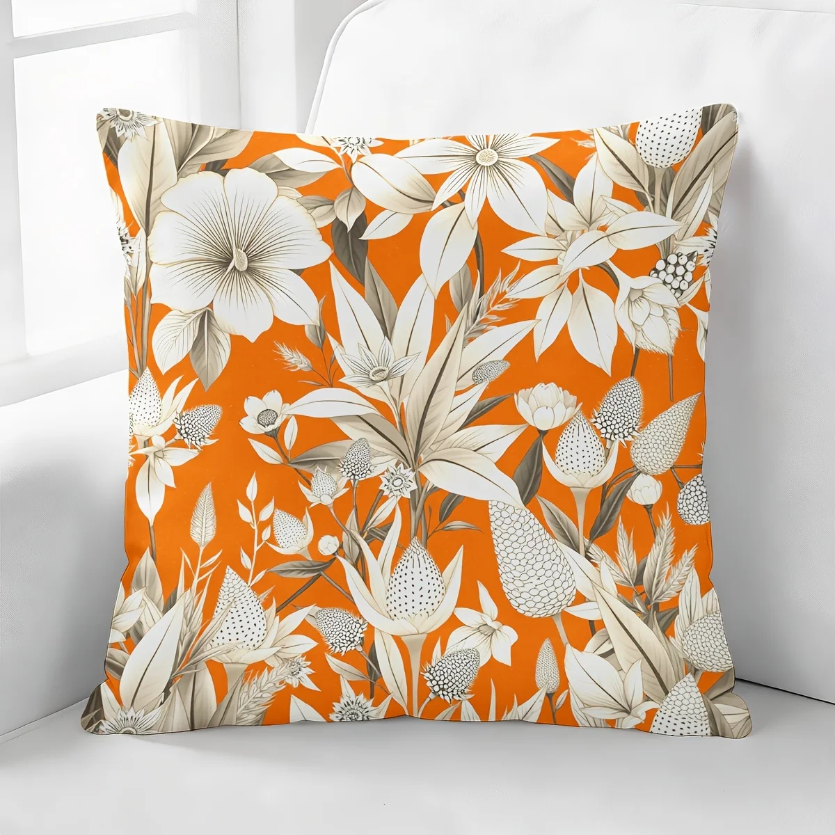 Orange Floral Pillow Cover 18x18 Inch Polyester Zipper Machine Washable Hand Drawn Botanical Print Modern Decor Sofa Bed