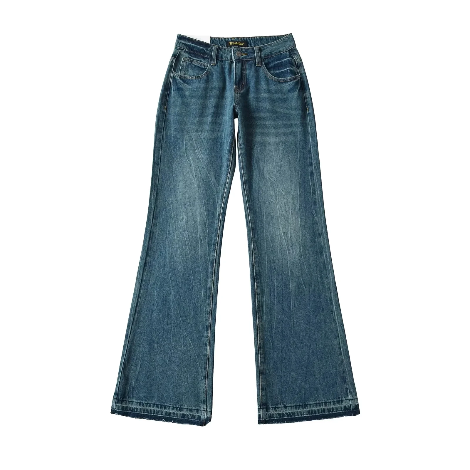 

Джинсы-колокольчики с низкой талией в американском стиле ретро, женские эластичные утягивающие длинные брюки до щиколотки, потертые повседневные брюки