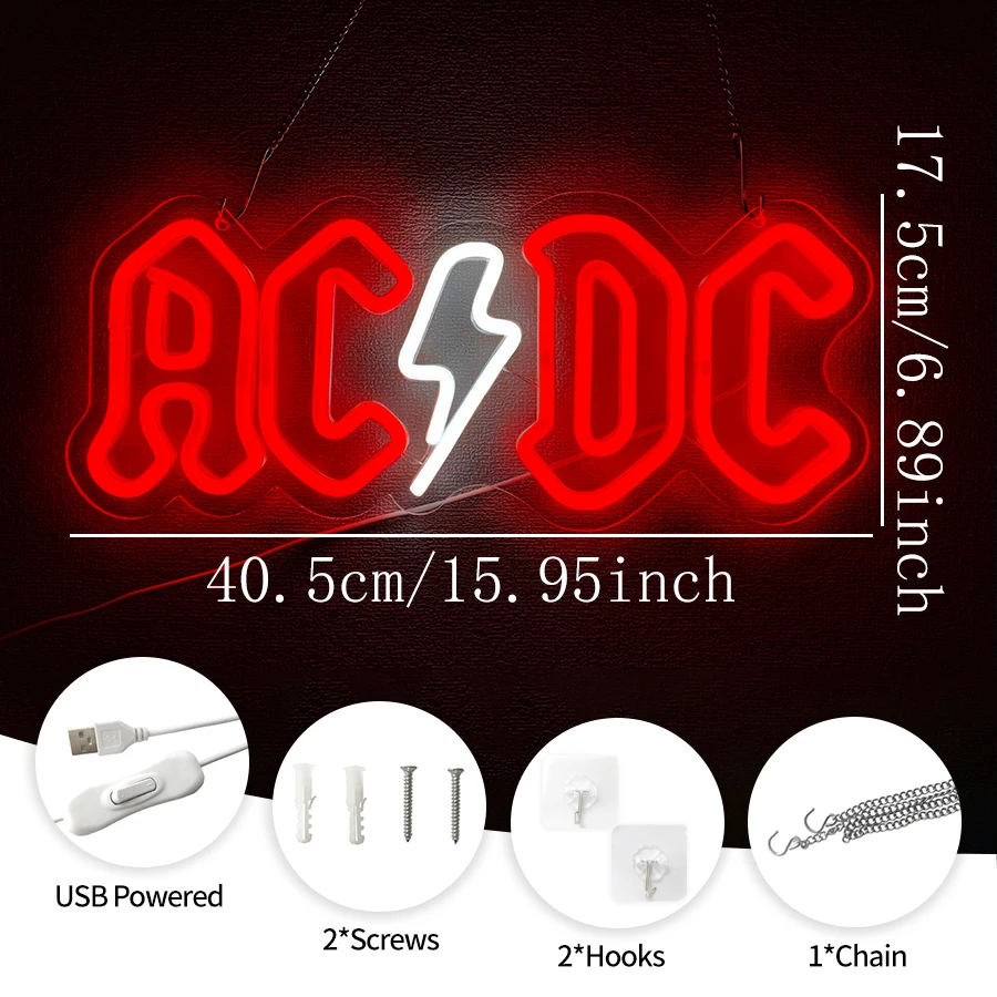 AC/DC Band Neon LED Sign-USB Powered,Perfect for Music Festival Decor, Bedroom, Bar & Club Wall Art - Ideal Gift for Music Fans