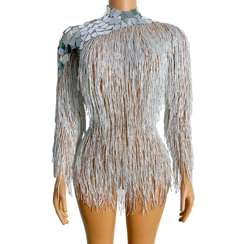 

Sexy Stage Flashing Mirror Shoulder Silver Fringes Outfit Leotard Birthday Celebrate Costume Dancer Tassels Stage Bodysuit