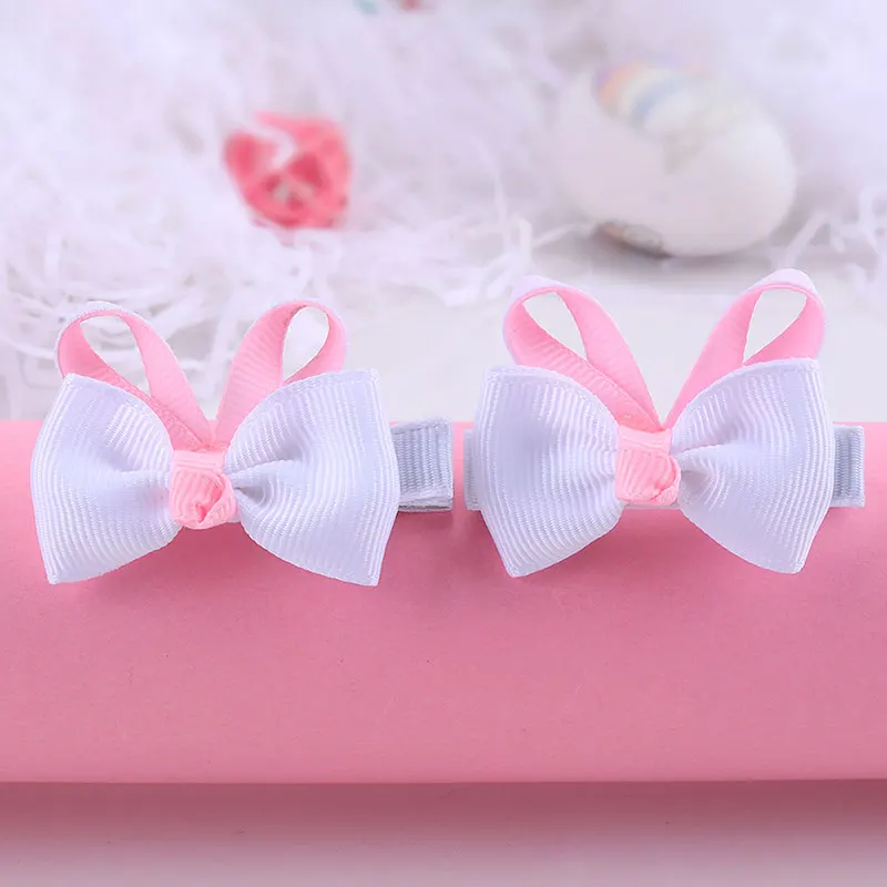 2Pcs Cute Bunny Little Girls Hair Bows Clips Ribbon Pink Hairpin Headwear Mini Bow Hair Barrette Boutique Kids Hair Accessories