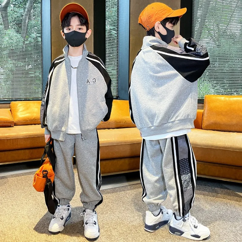 Children Spring Autumn Zipper Hoodie Sweatshirt Pants Kids Casual Jacket Basketball Two Piece Suit Coat Boys Outdoor Sports Set