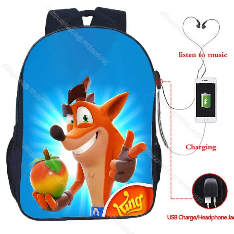 Crash Bandicoot Auf die Run Rucksack Männer Frauen USB Ladung Knapsack Jungen Mädchen Kinder Cartoon Rucksack Studenten Anime Schule Taschen