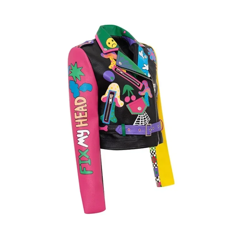 Jaqueta de couro PU estampada com graffiti feminino, terno de motocicleta, casaco de couro com gola, magro, coreano, novo