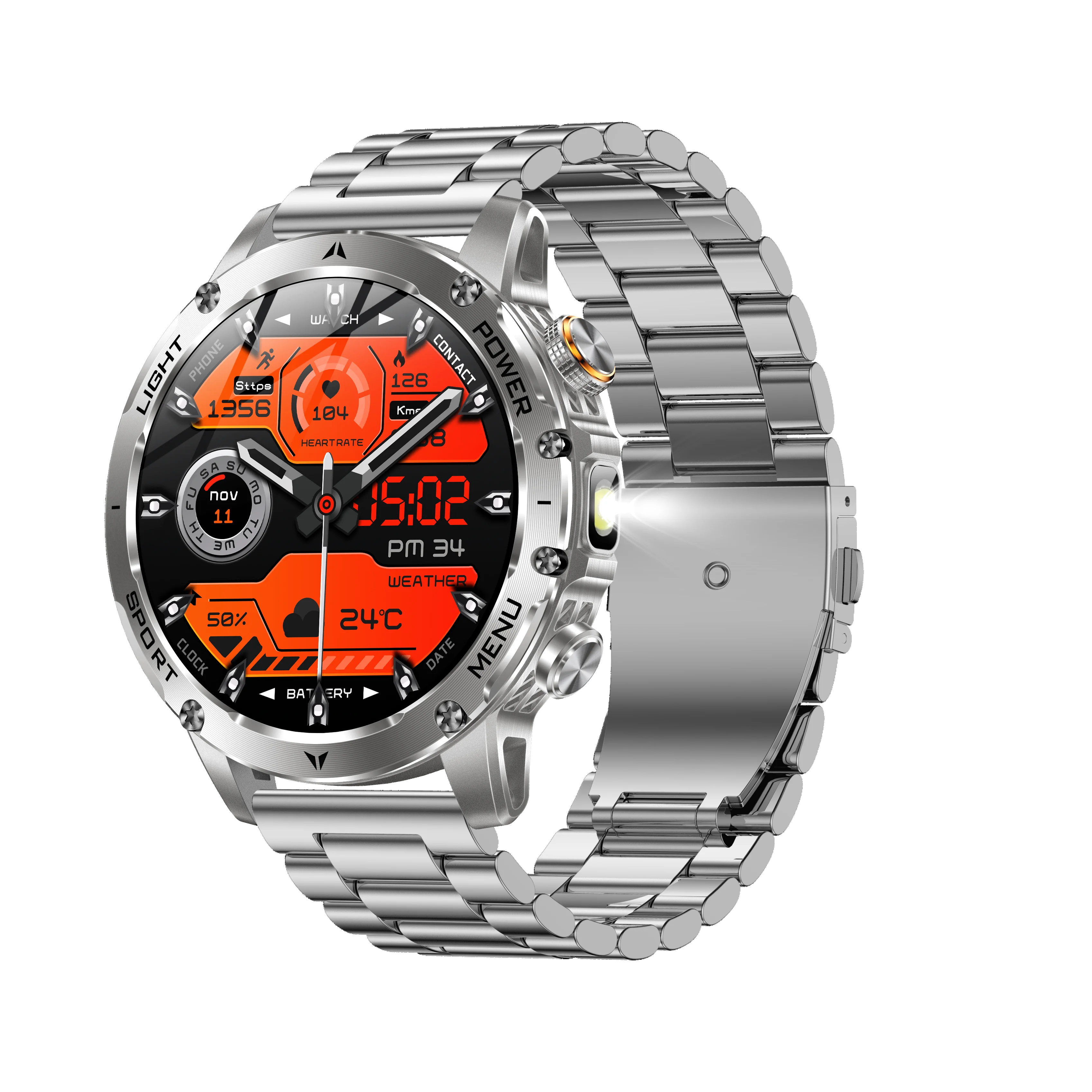 

AK87 Large Round Screen Fitness Tracker 100+ Sport Modes 1000MaH Battery BT Calling Smart Watch with Steel Silicone Strap