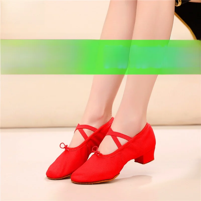 Women's Dance Shoes Soft Bottom Canvas with Heel National Dance Yoga Belly Brand Double Little Teacher Shoe Satin Upgraded