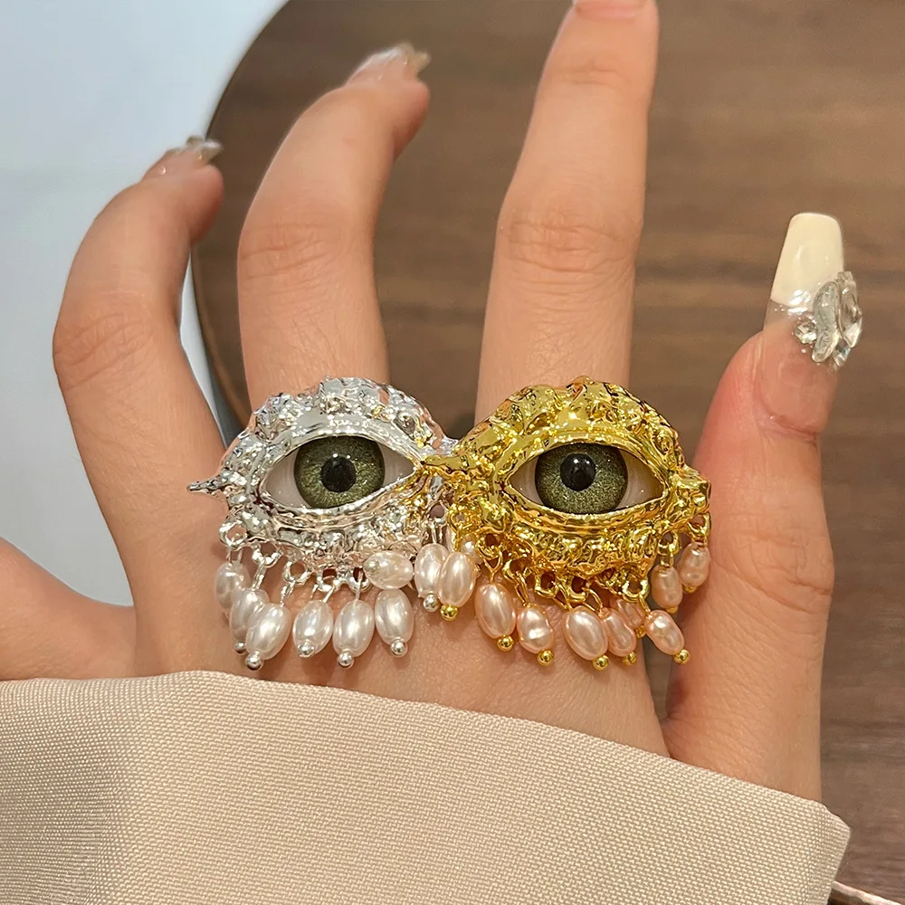 LATS Ästhetische Vintage Teufelsauge Ring Quasten Imitierte Perle Glasur Ringe Trendy Zarte Öffnung Finger Schmuck Party Gefälligkeiten