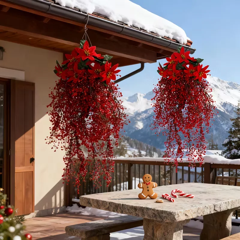 4 قطع من البونسيتة مع مجموعة كرمة الصفصاف الذهبية - زهور محاكاة بلاستيكية مناسبة لجميع الأحوال الجوية وأوراق حمراء لعيد الميلاد في الهواء الطلق #3