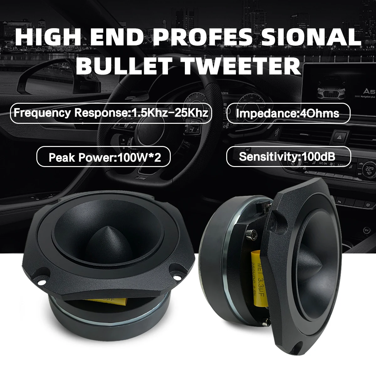 

Hf 4 Inch RMS 60W Super Bullet Aluminum Dome Tweeter 1.5KHz-25KHz Frequency Response 100dB 12V Universal Fitment (1pcs speaker)