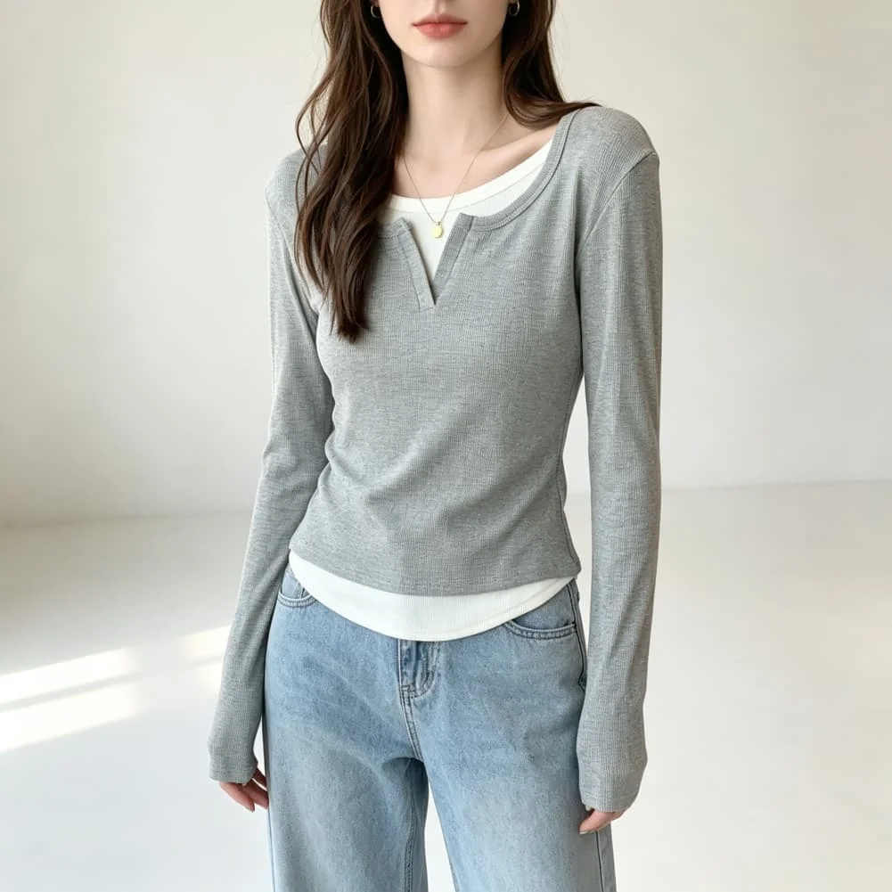 Casual Women\'s Long Sleeve T Shirt Solid Color Ribbed for V Neck Two Piece Style Summer for Beach Cycling Holiday Wear