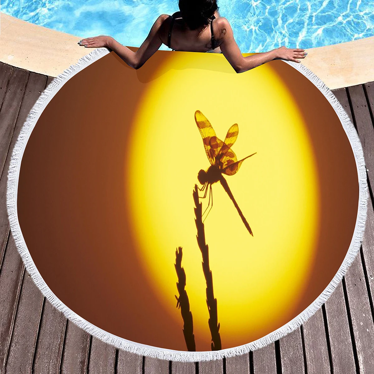 منشفة شاطئ مستديرة مطبوعة على شكل حشرة، بطانية شاطئ مقاومة للرمال من البوليستر اليعسوب، منشفة حمام مستديرة ماصة سريعة الجفاف، سجادة نزهة #6