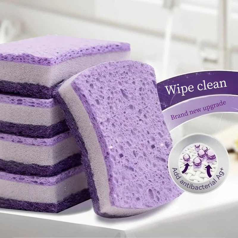 Antibacterial Wood‑Pulp Sponge Scrubber, Dual‑Sided Kitchen Scouring Pad, Non‑Scratch Sponge for Dish Pot Washing Home Gadget