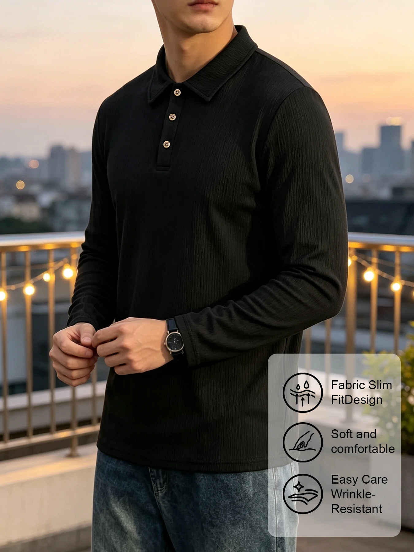 Multi Neutral Color Men Textured Long Sleeve Polo Shirt Vintage Wooden-look Buttons Breathable Wrinkle Resistant Fabric Relaxed