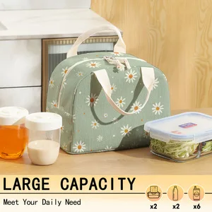 Light Green Daisy Print Insulated Lunch Bag Portable Handheld Thermal Cooler Tote Bag For Picnic School Office Travel