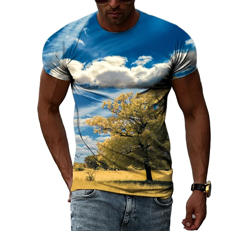 3D Print Grassland Sky T-Shirt For Men Pyramid Fireworks Pattern Tees Fashion Casual Oversize Tops Street Sport O-Neck T Shirts