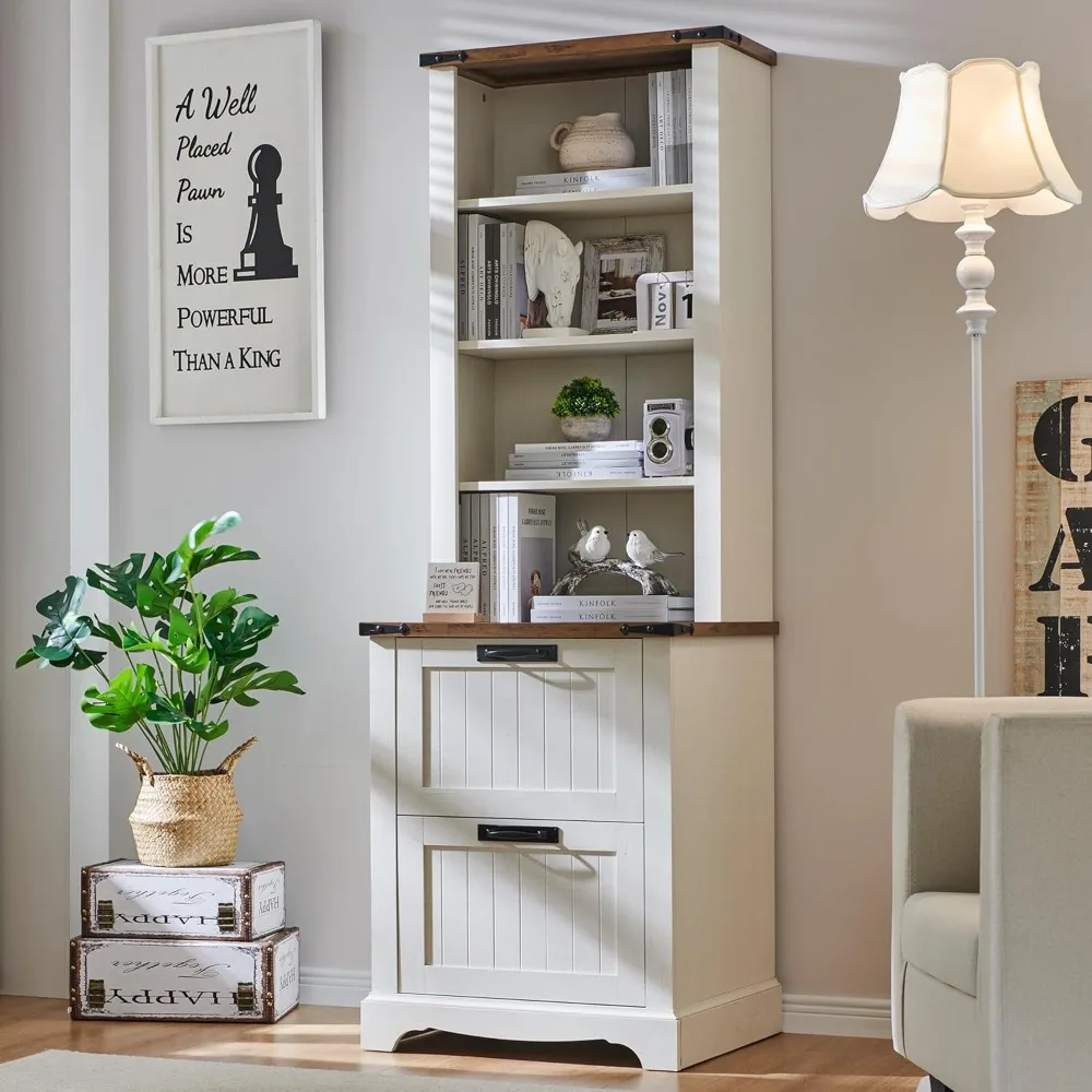 

Bookcase with 2 File Drawers, 72" Tall Farmhouse Bookshlef with Storage and Adjustable Shelves, 4 Tier Rustic Wood Bookshelf