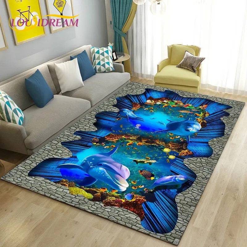 

3D иллюзия подводный мир морское дно дельфин акула ковер, ковер для гостиной спальни диван коврик нескользящий напольный коврик