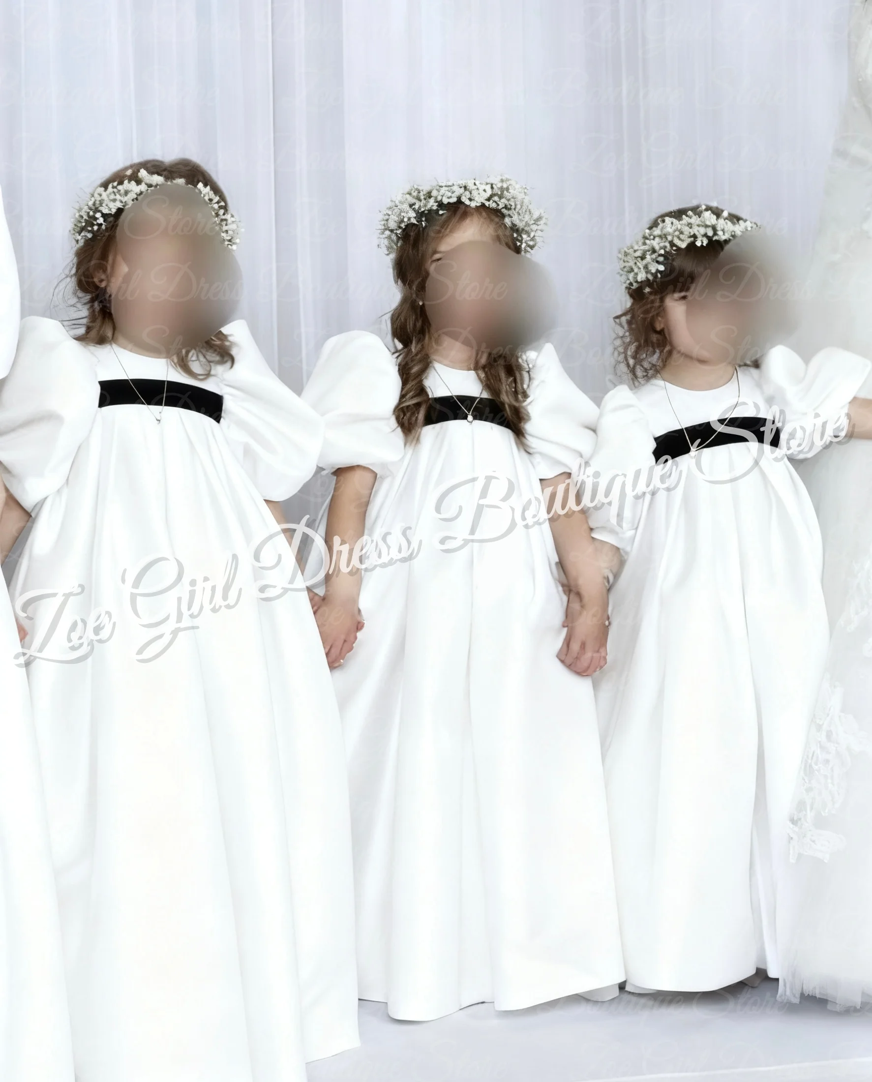 فستان فتاة الزهور البيضاء لحفلات الزفاف برقبة دائرية من الساتان للأطفال بخصر عالٍ وأكمام بالونية فستان عيد الميلاد مخصص للحفلات