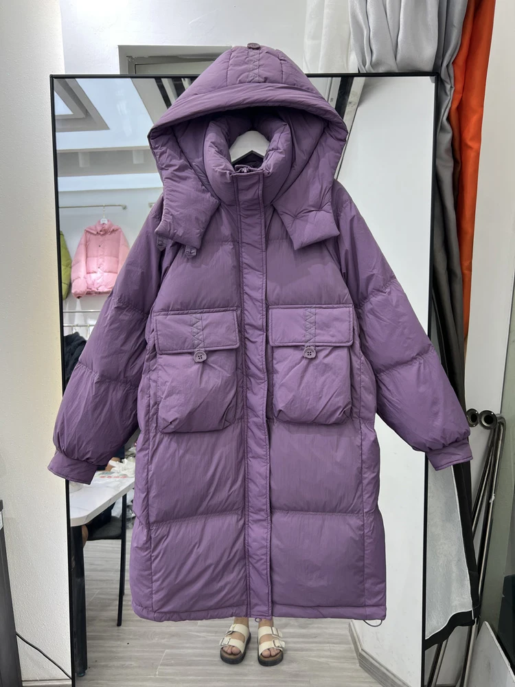 Piumino lungo sopra il ginocchio da donna vestibilità ampia invernale nuova versione coreana addensato versatile casual piumino d'anatra bianco