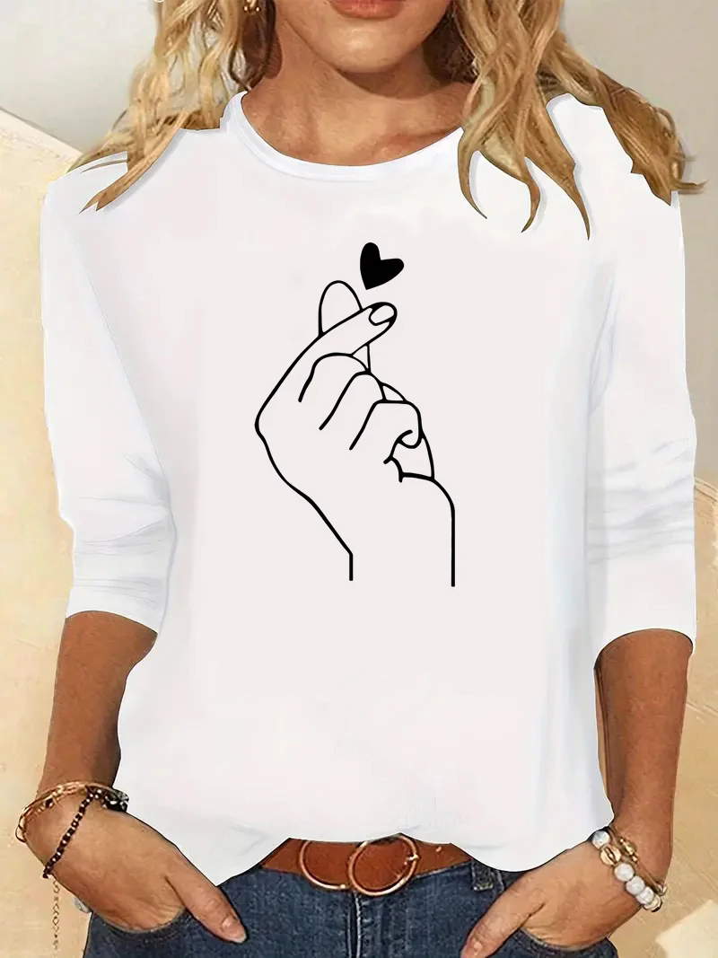 

Y2k Finger Tshirt Heart Print Long Sleeve Shirt Funny Gothic T Shirt Women's T-Shirt O-Neck Top Tee Tshirt Casual